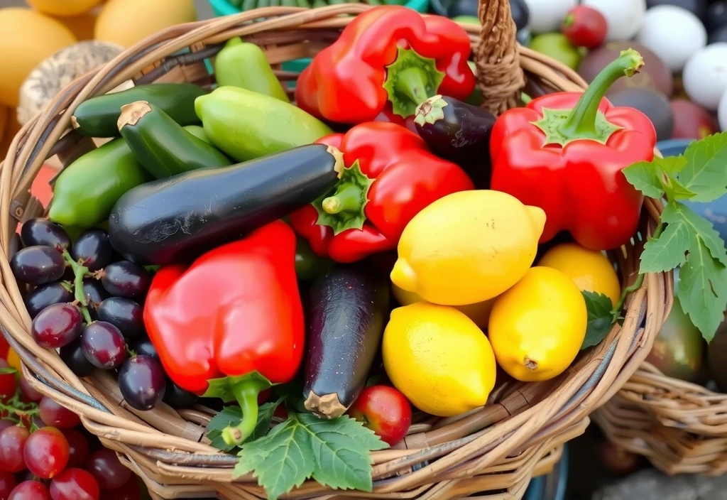 Cesta de mimbre llena de verduras frescas y frutas de colores brillantes