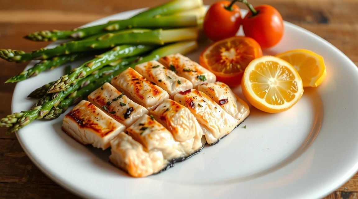Imagen de un plato saludable con vegetales y pescado