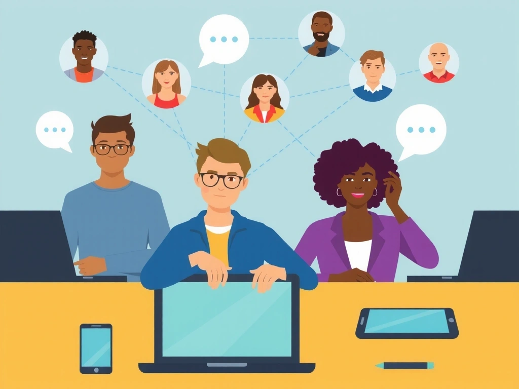 Ilustración de personas conectándose a través de dispositivos y burbujas de diálogo.