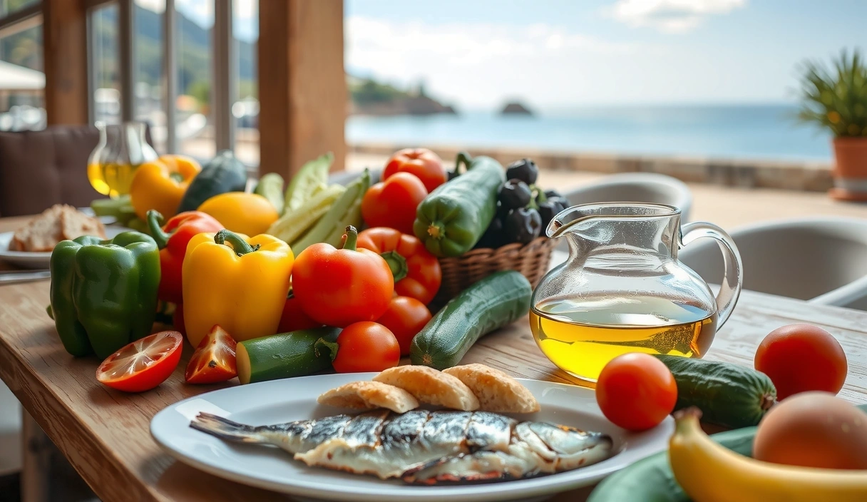 Mesa llena de alimentos frescos de la dieta mediterránea: aceite de oliva, verduras, pescado, frutas y pan integral, con un fondo de paisaje costero soleado.