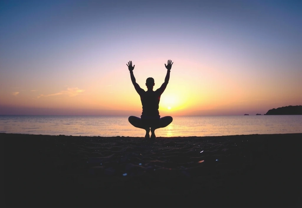 Una persona meditando tranquilamente al amanecer en una playa, con el sol saliendo sobre el agua, simbolizando la paz y el bienestar.