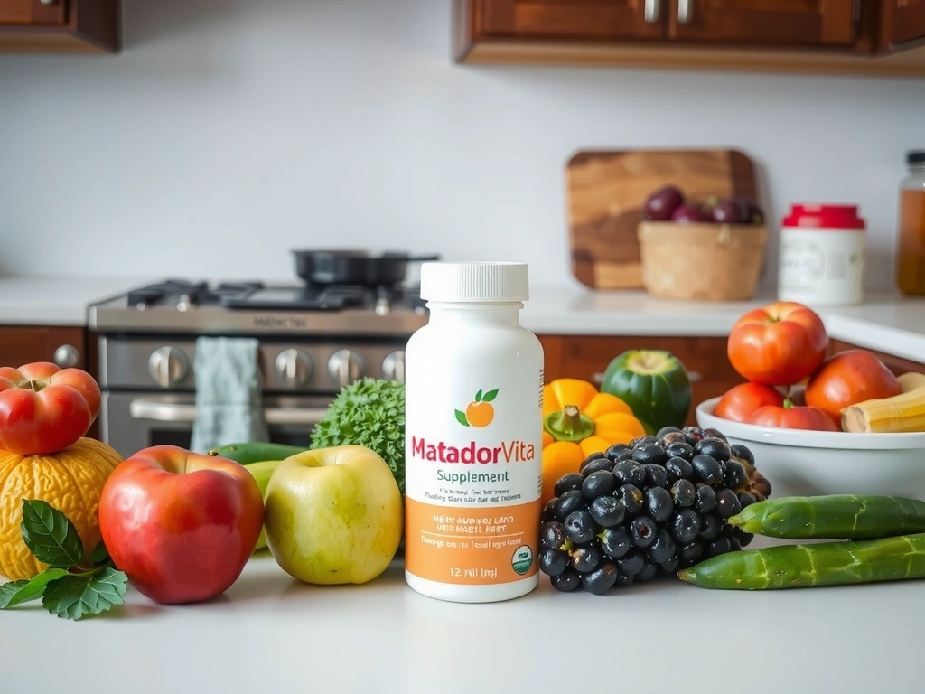 Frasco de Matadorvitacx sobre una mesa con frutas y verduras