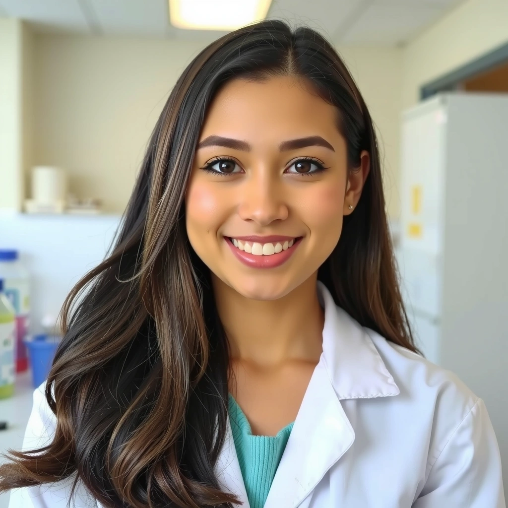 Retrato de una mujer sonriente con cabello oscuro, vistiendo una bata de laboratorio, con un fondo suave y profesional de un laboratorio.