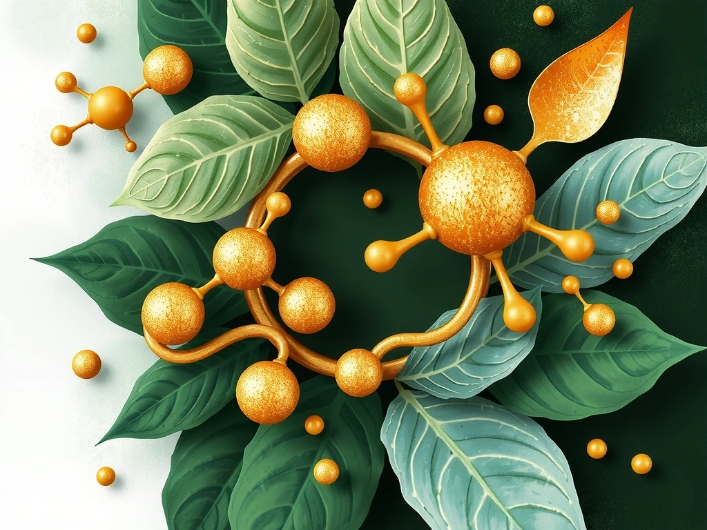 Una imagen abstracta que representa la fusión de la naturaleza y la ciencia, con elementos botánicos entrelazados con símbolos de laboratorio y moléculas, todo en tonos verdes, azules y dorados, con un enfoque en la armonía y el bienestar.